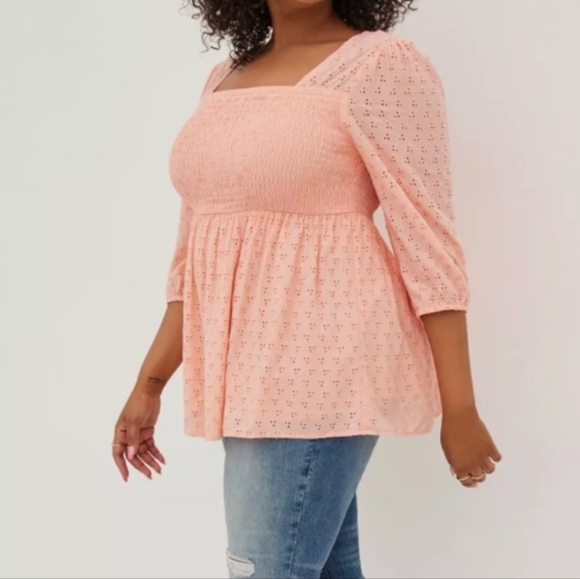 Torrid Smocked Babydoll Top Voile Eyelet Peach Large Square Neck Romantic Boho - Picture 1 of 16